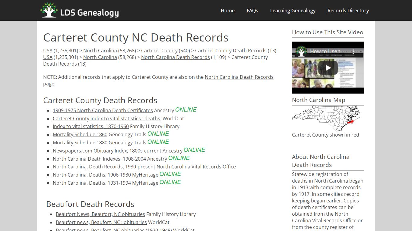 Carteret County NC Death Records - LDS Genealogy